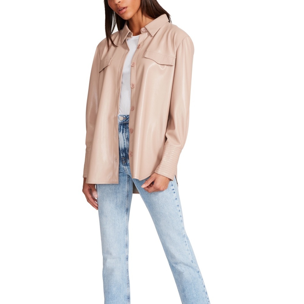 Steve Madden Oversized Utility Button Down Shacket Shirt Jacket Faux Leather - Picture 10 of 10